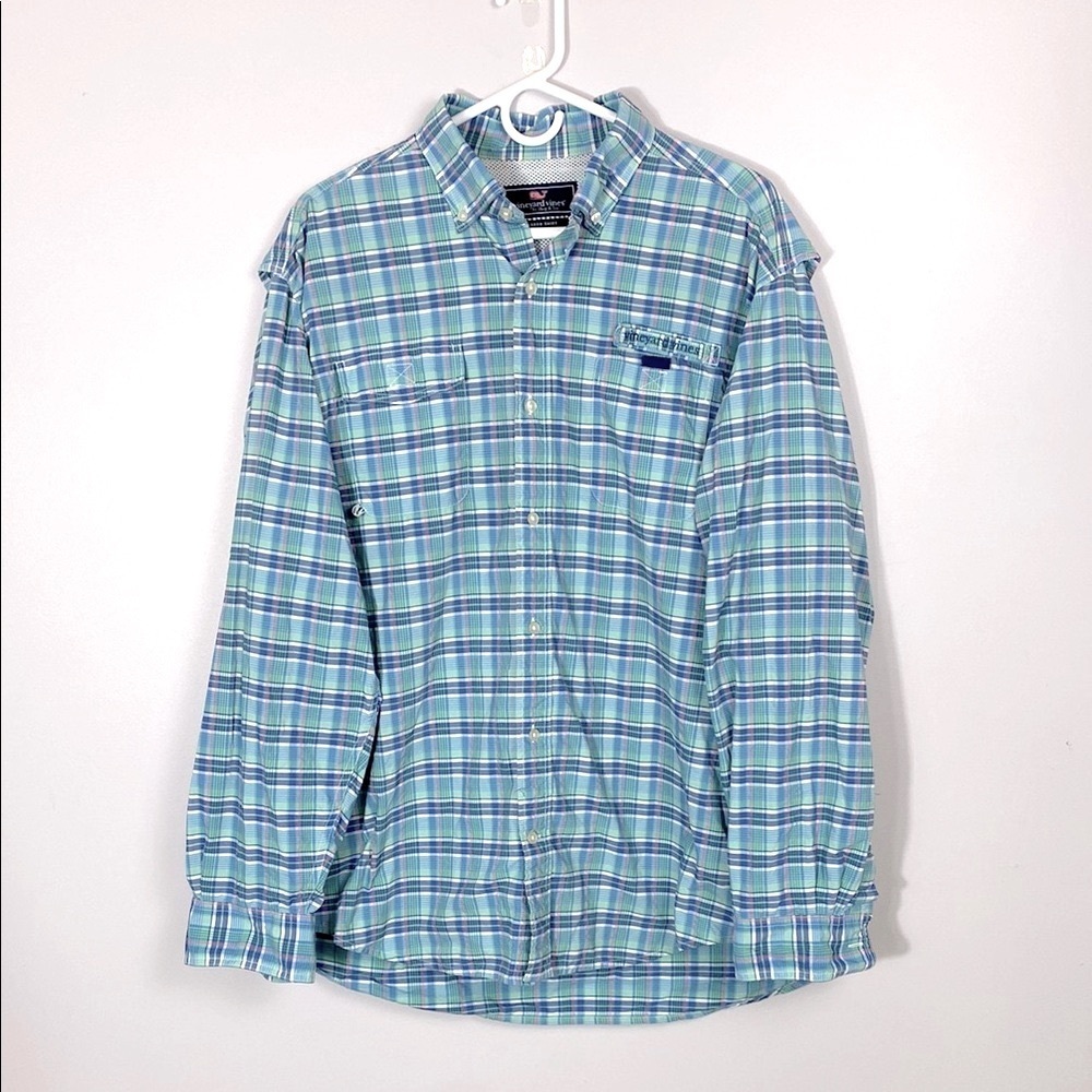 Vineyard Vines Harbor Shirt Blue and Green Casual Button Down size large fishing